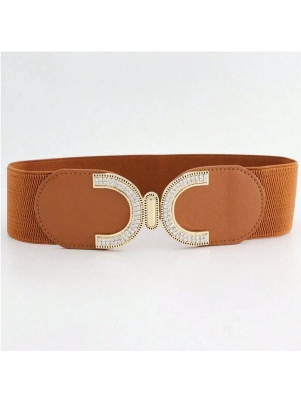 Rhinestone Buckle With Elastic Waist Belt Brown